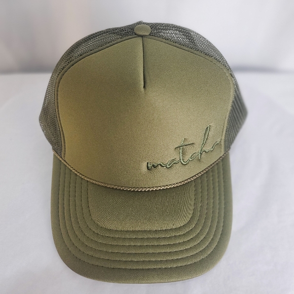 "Matcha" Olive Green Snap Back Mesh Trucker Ball Cap Hat - Barista Collection - Picture 3 of 3